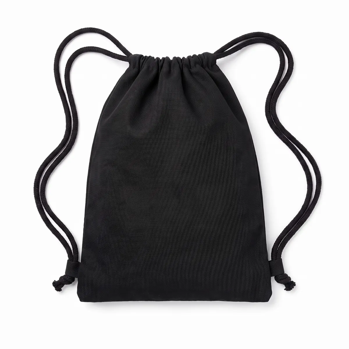 Black drawstring pack shown blank, then with a white QUILLBY SUPPLY print. The mark is a fictional sample.