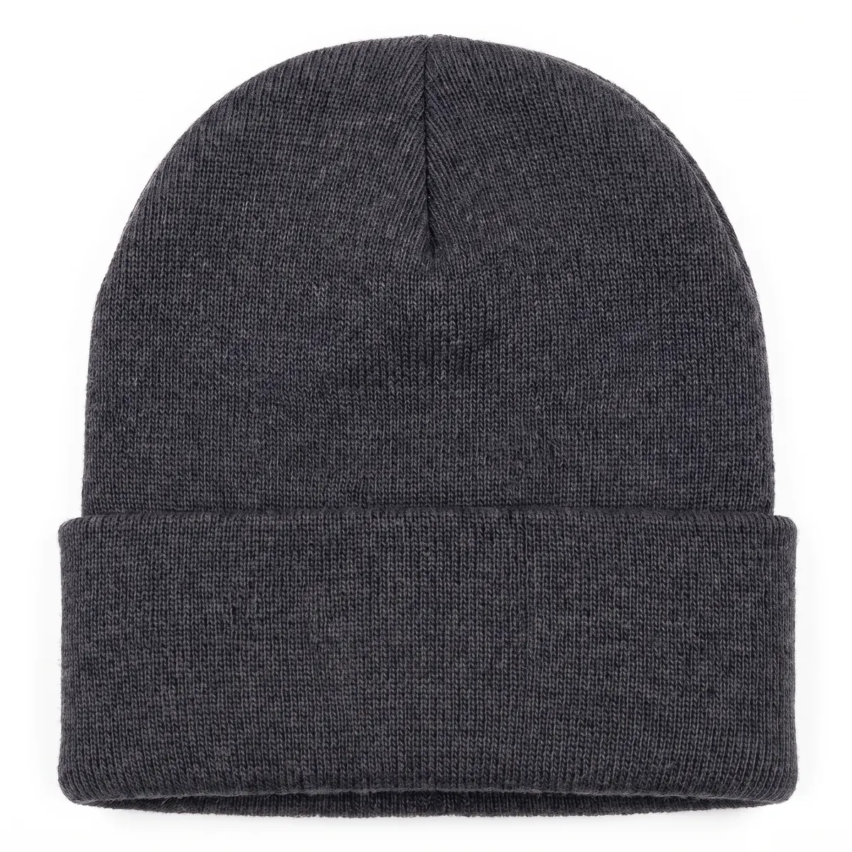 Charcoal cuffed beanie shown blank, then with an ORVENNE woven patch. The mark is a fictional sample.
