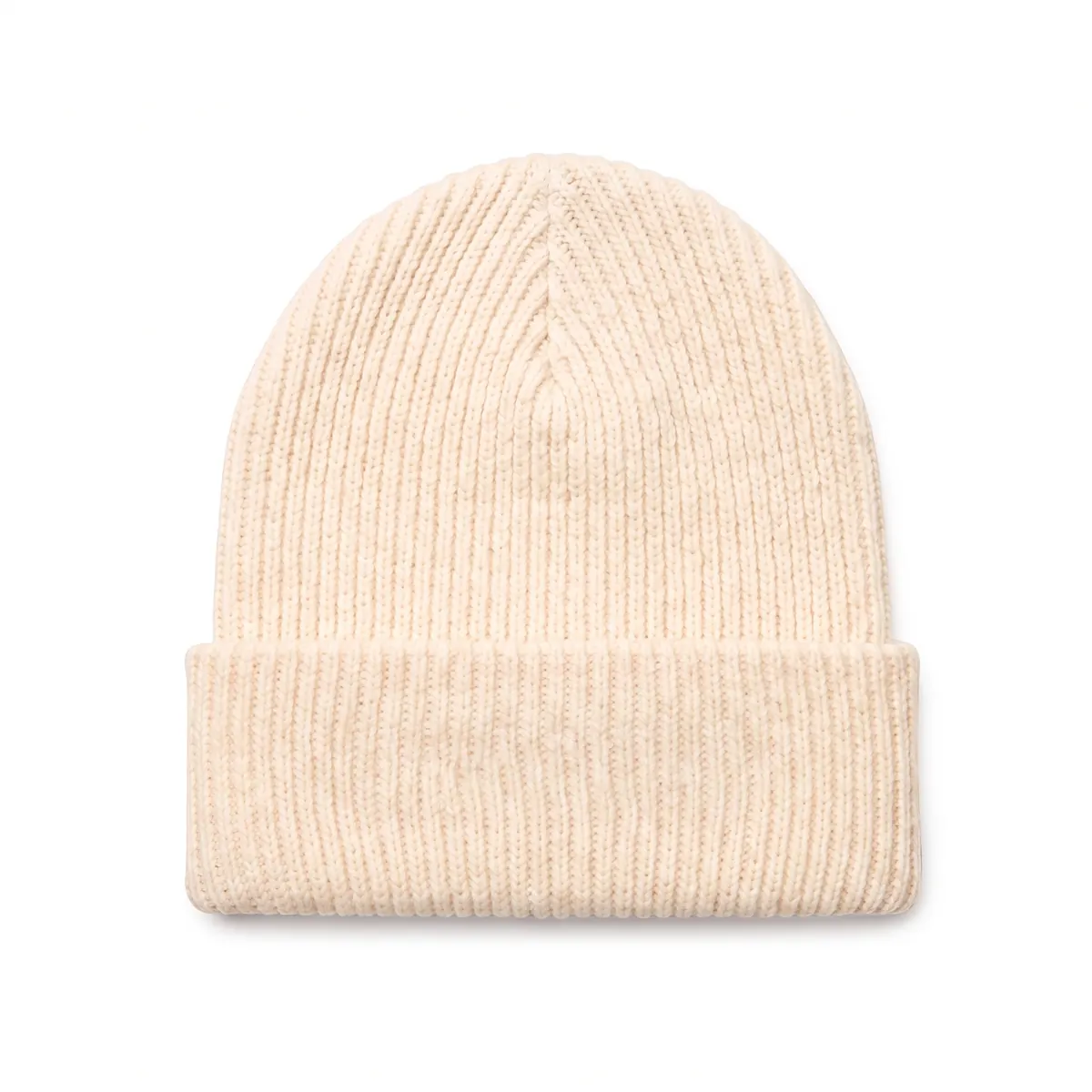 Cream rib-knit beanie shown blank, then with red KESSRIDGE embroidery on the cuff. The mark is a fictional sample.