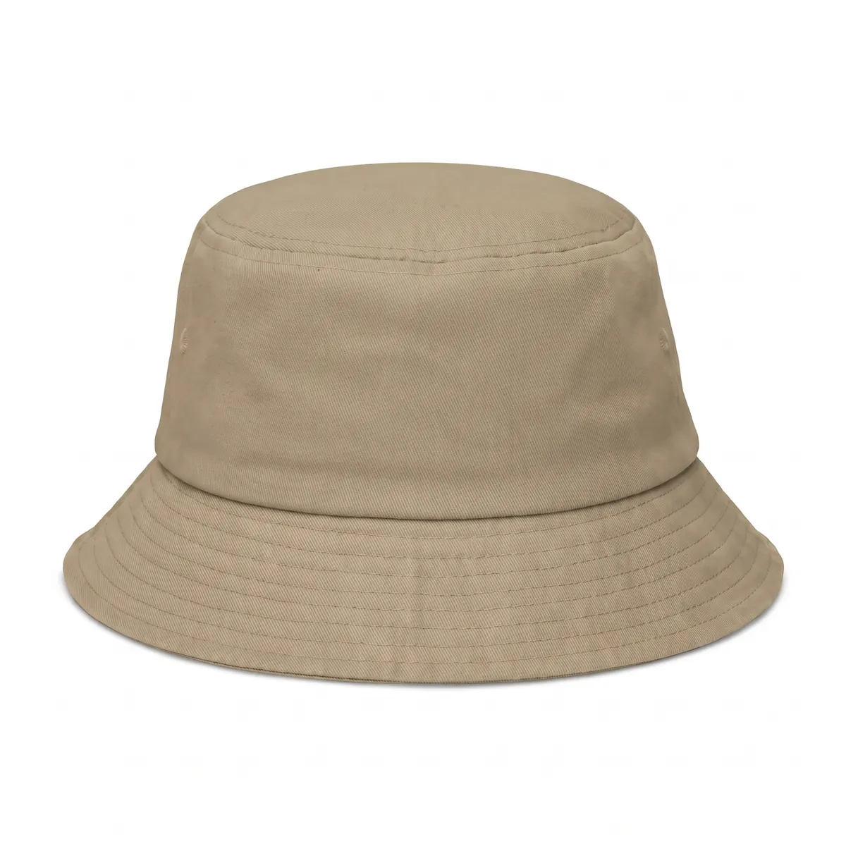 Khaki bucket hat shown blank, then with a green TESSARO embroidered logo. The mark is a fictional sample.