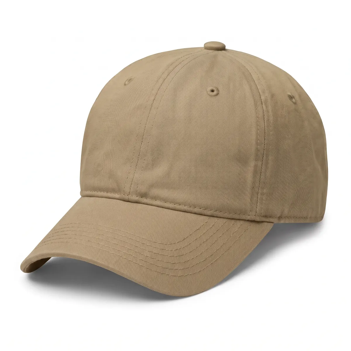 Khaki unstructured dad cap shown blank, then with a navy KILNSIDE mountain patch. The mark is a fictional sample.