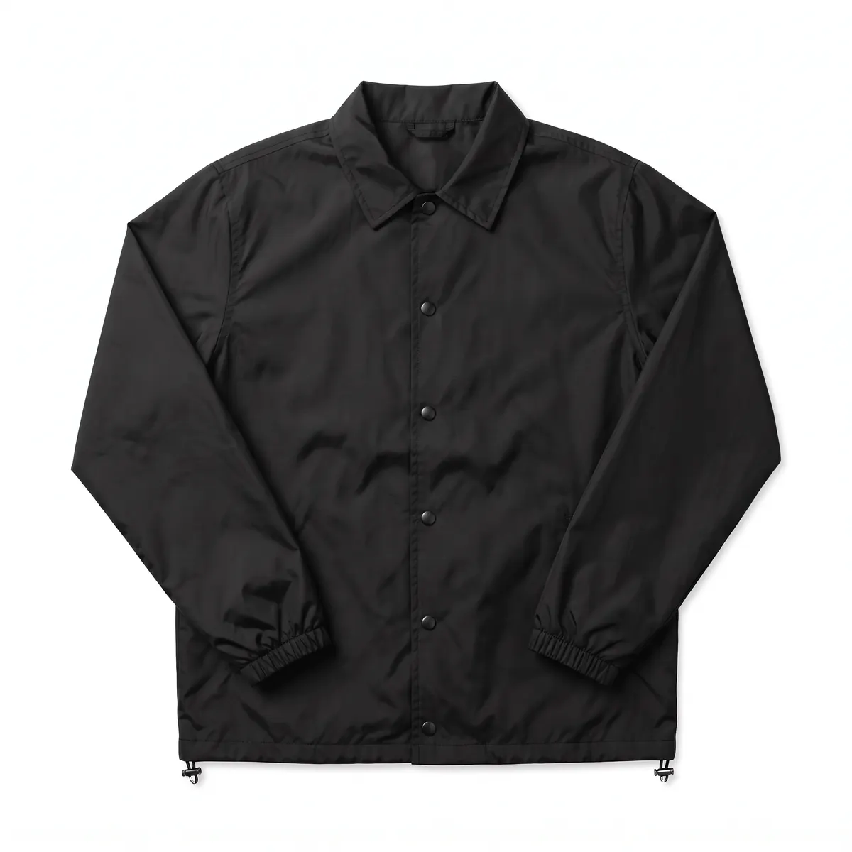 Black coach jacket shown blank, then with a white TALLOWAY 5K print. The mark is a fictional sample.