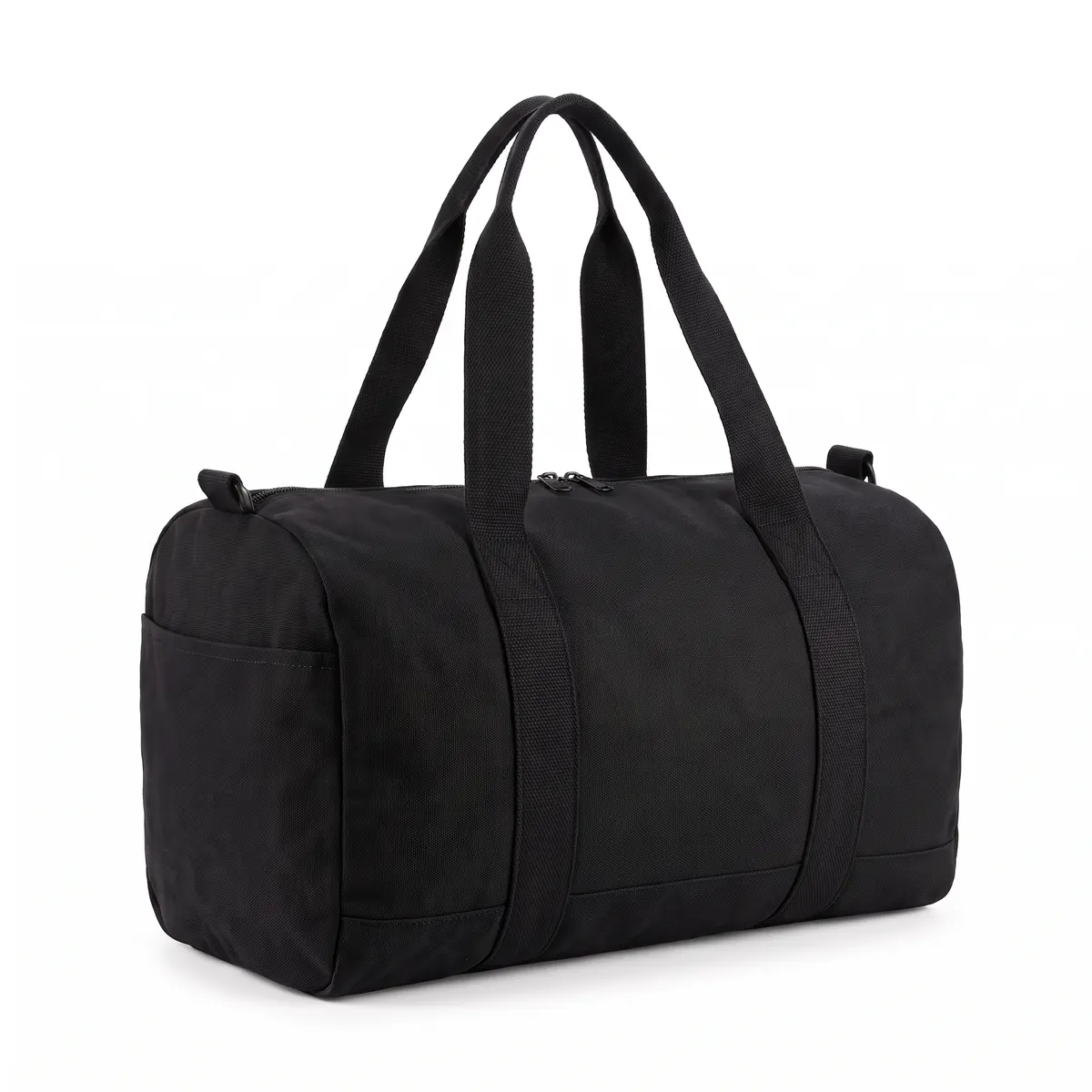 Black canvas duffel shown blank, then with a white HALVERN ROWING oars print. The mark is a fictional sample.