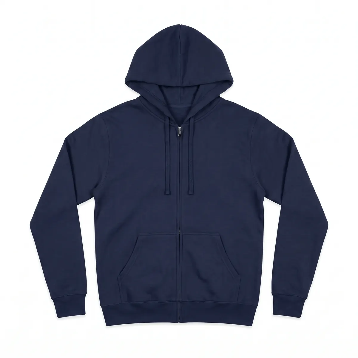 Navy lightweight zip hoodie shown blank, then with a red and white KESSRIDGE SWIM badge. The mark is a fictional sample.