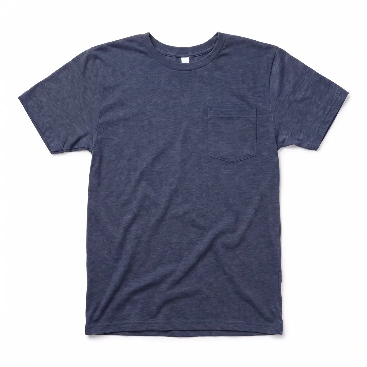 Heather navy pocket tee shown blank, then with a white QUILLBY quill print on the pocket. The mark is a fictional sample.