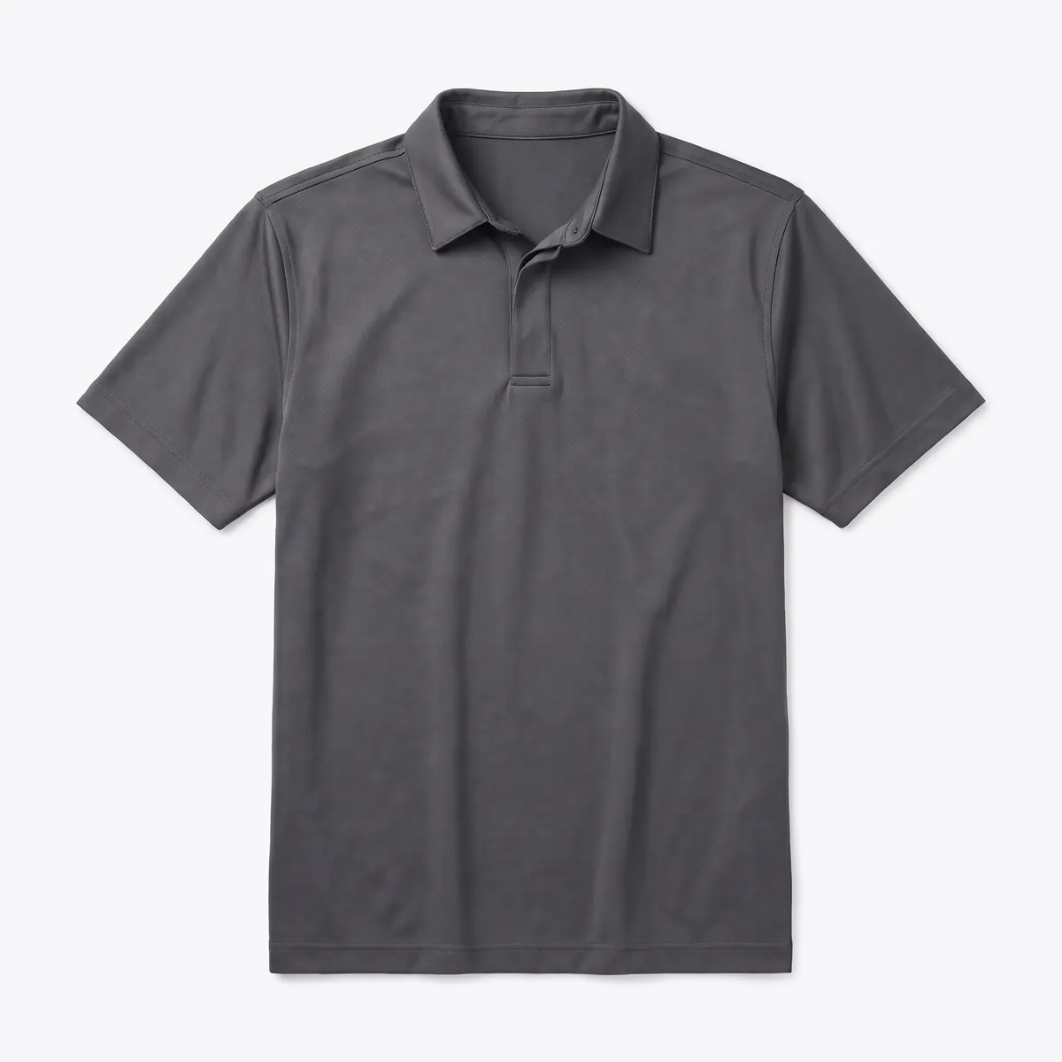 Charcoal performance polo shown blank, then with a red embroidered DUNMERRY GOLF logo. The mark is a fictional sample.