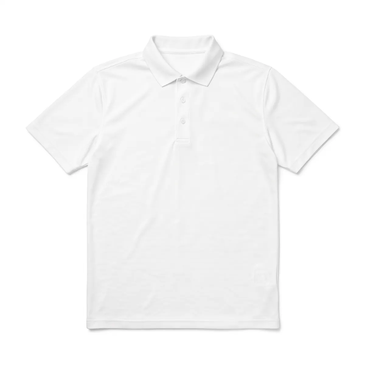 White sport polo shown blank, then with a black STRATHE LABS heat-transfer logo. The mark is a fictional sample.