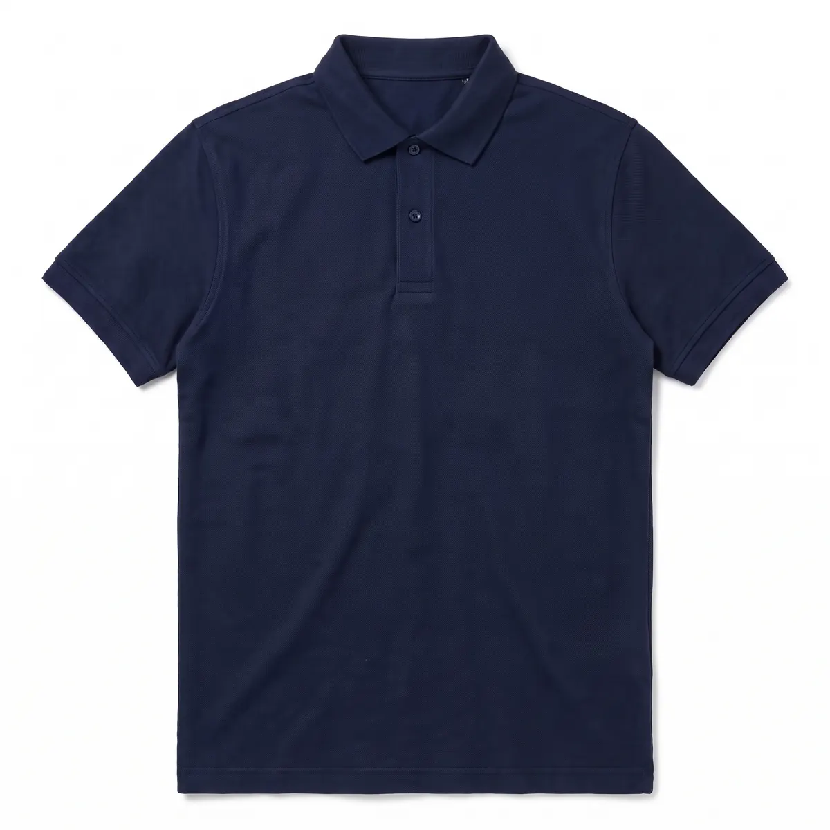 Navy classic knit polo shown blank, then with white ASHBY & VOSS embroidery. The mark is a fictional sample.