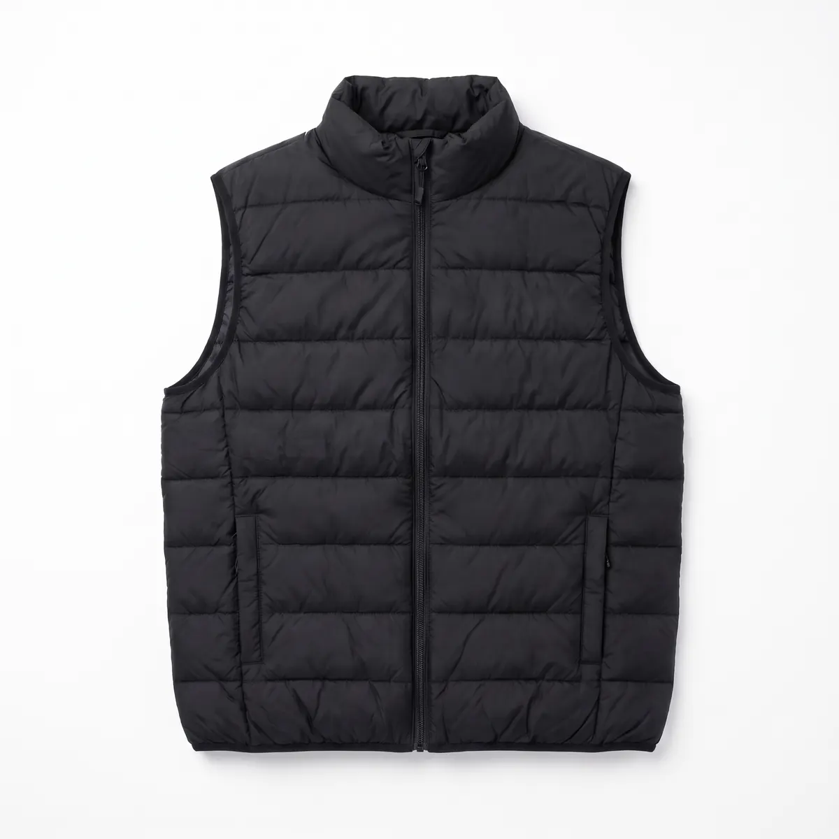 Black puffer vest shown blank, then with a white STRATHE LABS embroidered logo. The mark is a fictional sample.