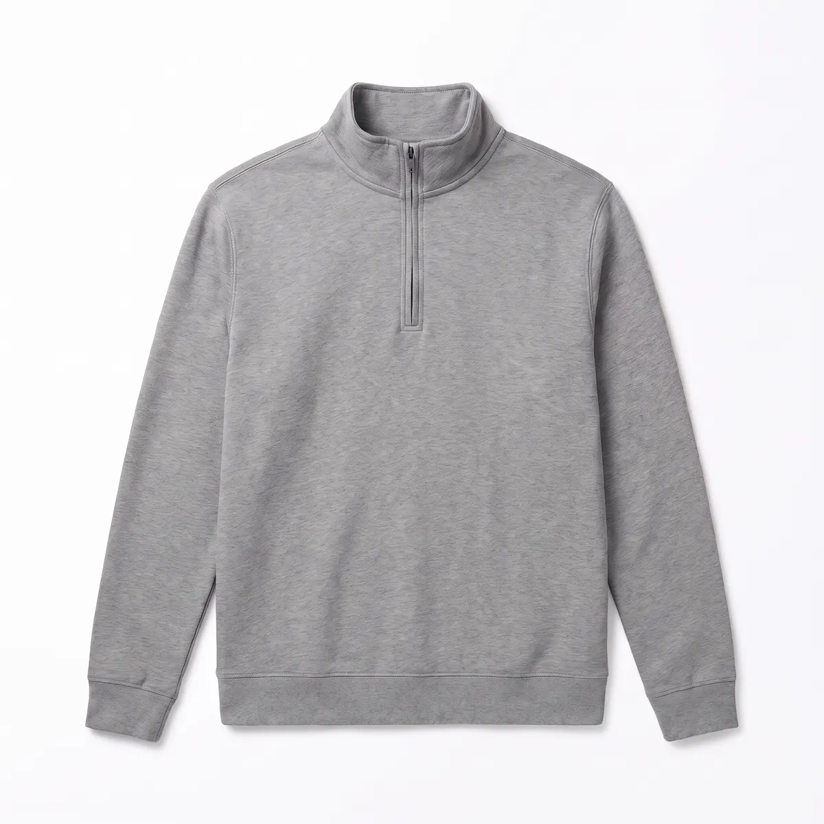 Heather gray quarter-zip pullover shown blank, then with navy ASHBY & VOSS embroidery. The mark is a fictional sample.
