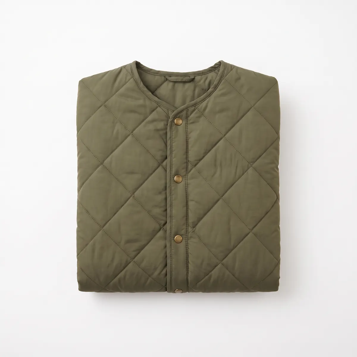 Olive quilted jacket shown blank, then with cream VELLORA embroidery. The mark is a fictional sample.