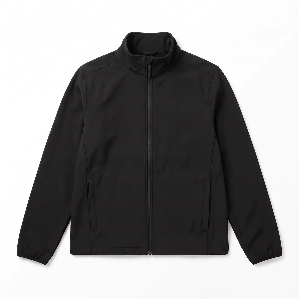 Black soft-shell jacket shown blank, then with a white embroidered STRATHE LABS logo. The mark is a fictional sample.