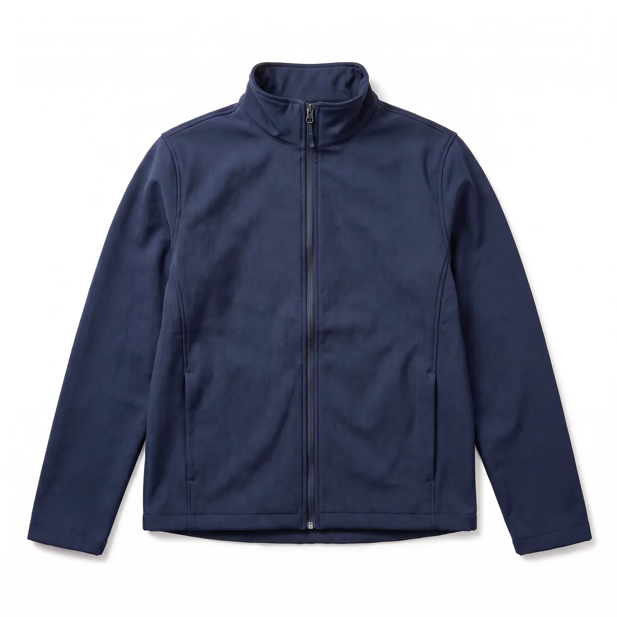 Navy bonded soft-shell shown blank, then with gray ASHBY & VOSS embroidery. The mark is a fictional sample.