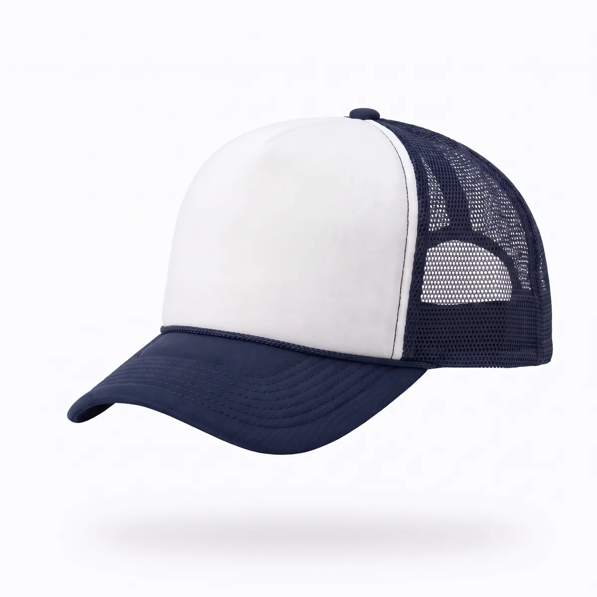 Navy and white mesh trucker cap shown blank, then with a red KESSRIDGE print on the front panel. The mark is a fictional sample.