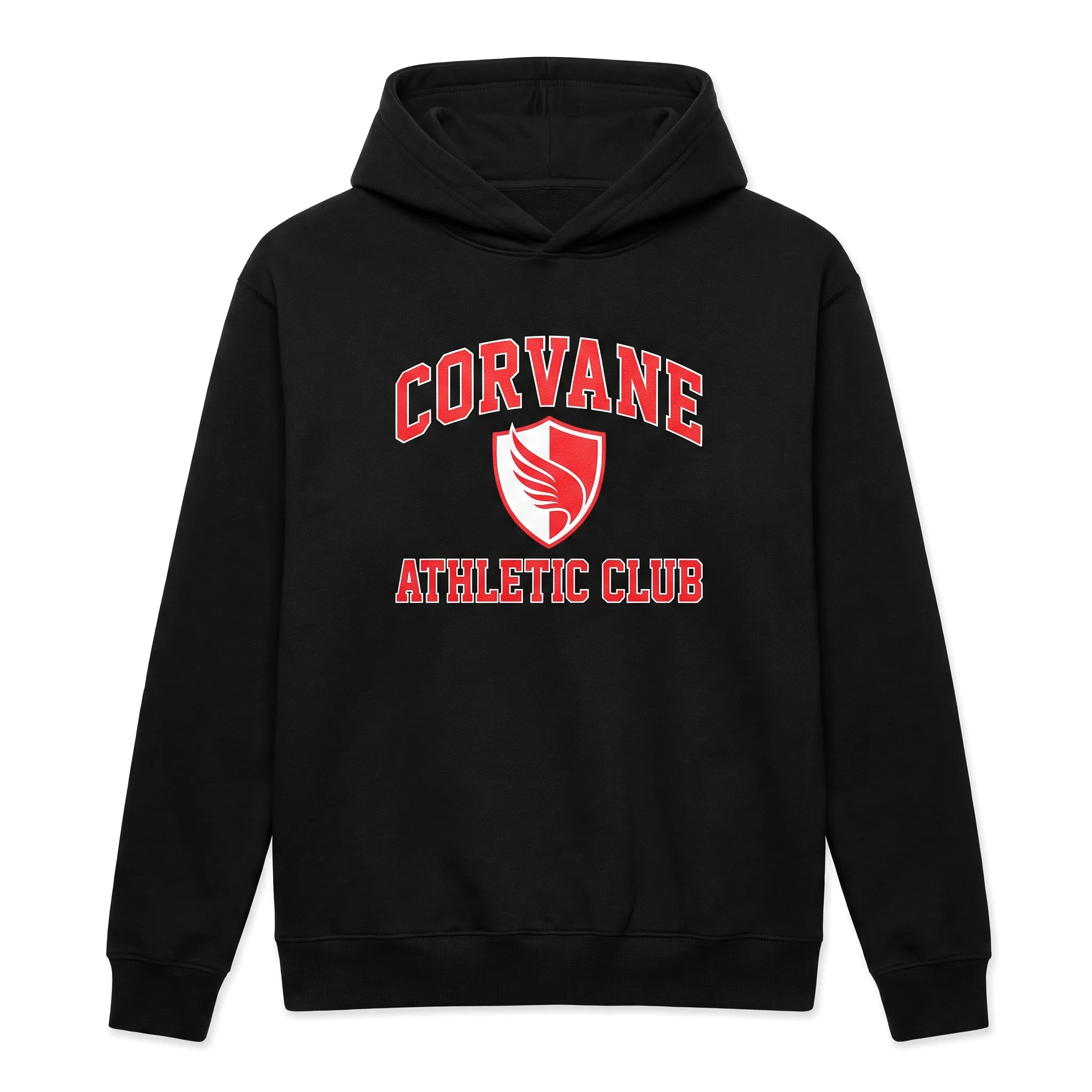 A plain black hoodie that gets printed with a red and white Corvane Athletic Club crest. Corvane is a fictional sample team.