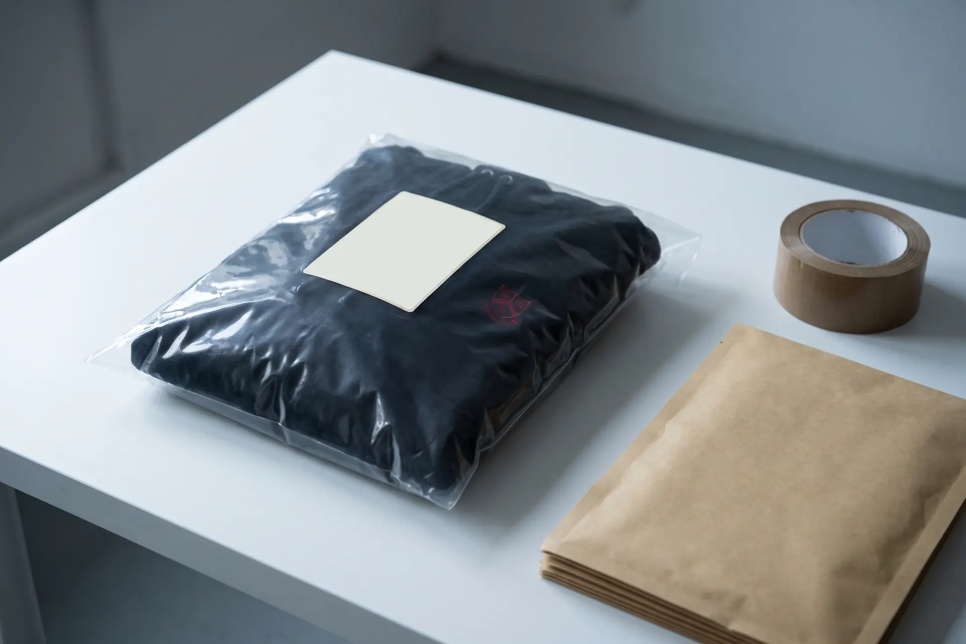 A folded hoodie sealed in a clear bag with a blank shipping label.