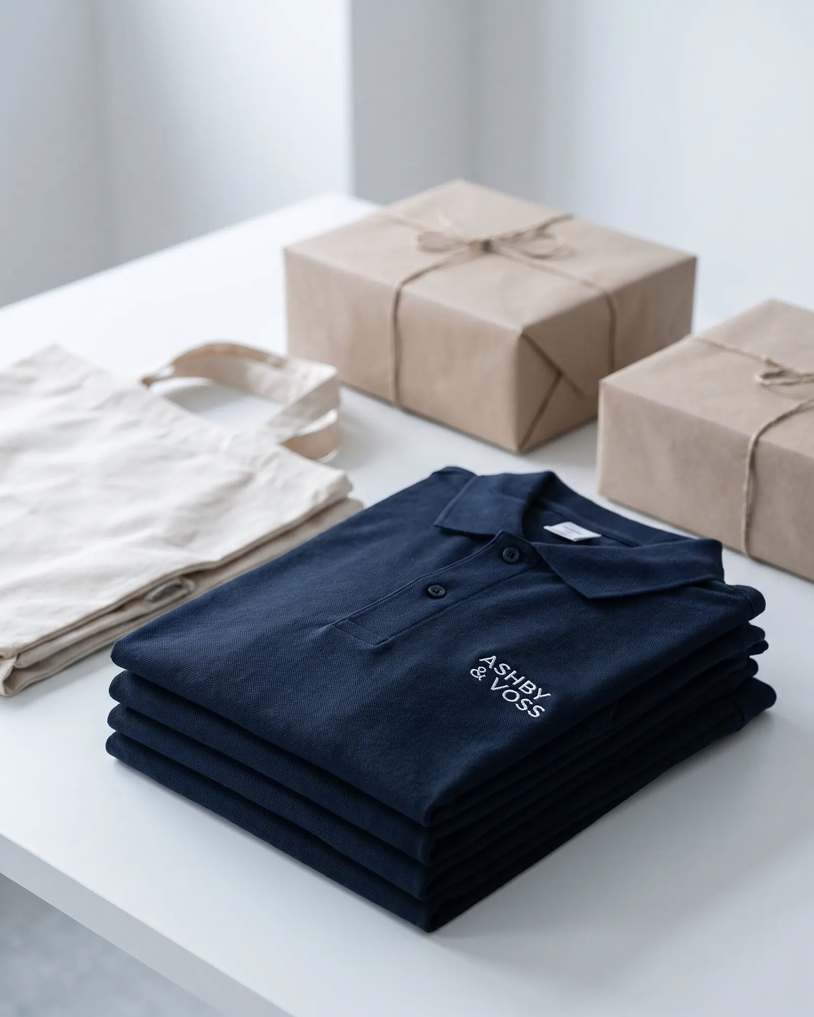 Folded navy polos with a small embroidered logo beside wrapped gift sets and tote bags.